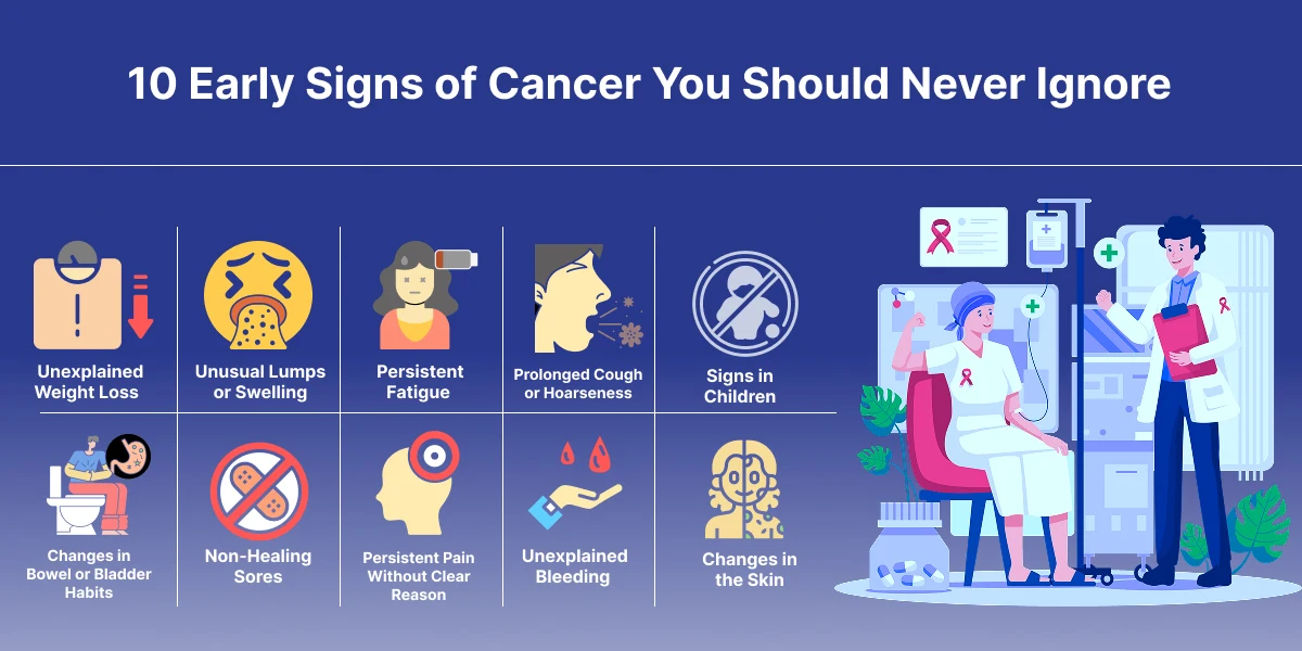 key warning signs such as unexplained weight loss, unusual lumps, fatigue, prolonged cough, and others.