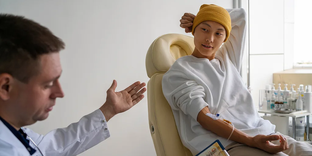 the patient appears to be receiving treatment through an IV, possibly representing cancer care or chemotherapy.